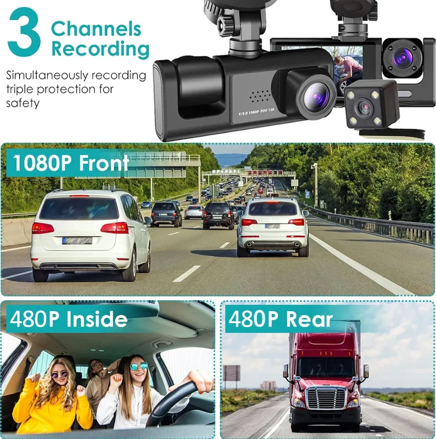 Popular Selling 1080P WiFi Car Camera DVR 3 Cameras Triple Dash Cam Park Monitor Road Data Recorder