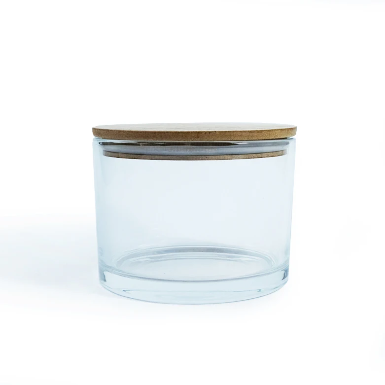 Transparent wholesale glass candle jar candle holder candle cup container with wooded lid for home decor