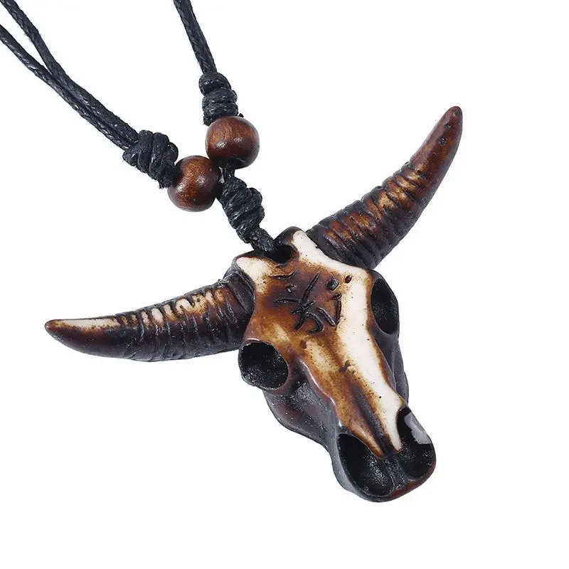 SN008 Retro Adjustable Resin Bull Skull Pendant Necklace Unisex Tribal Minority Sacrificial Jewelry Gift with Rope Chain
