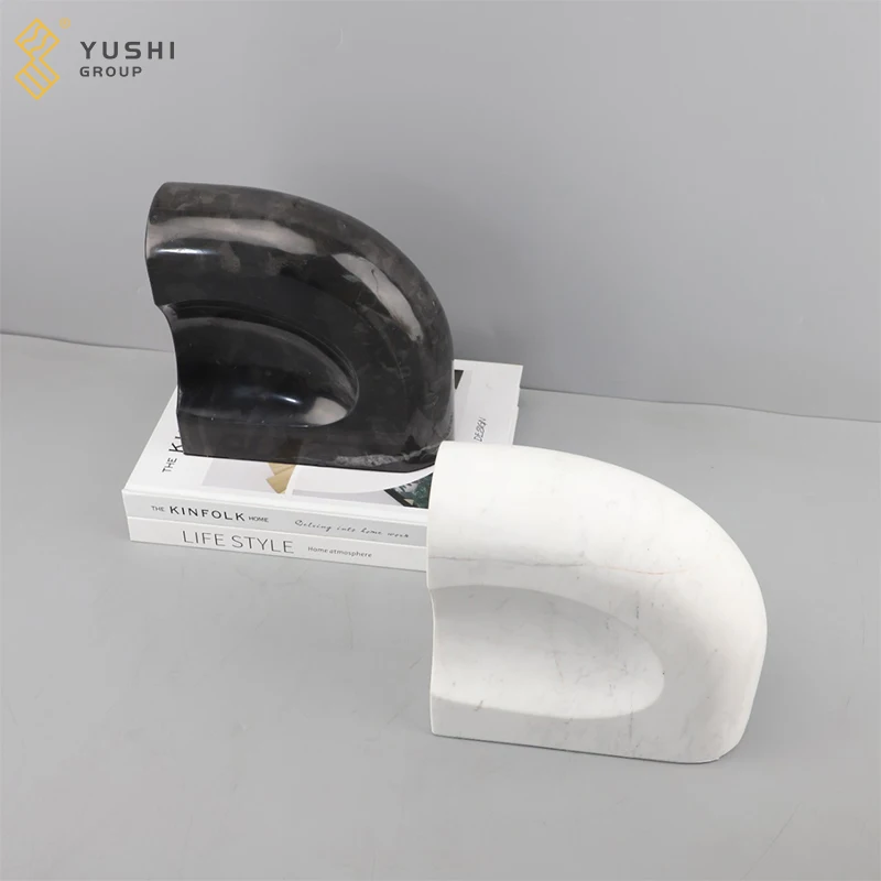 Yushi Group Minimalist Modern Natural Stone Book Stoppers Interior Decorative White And Black Marble Bookends