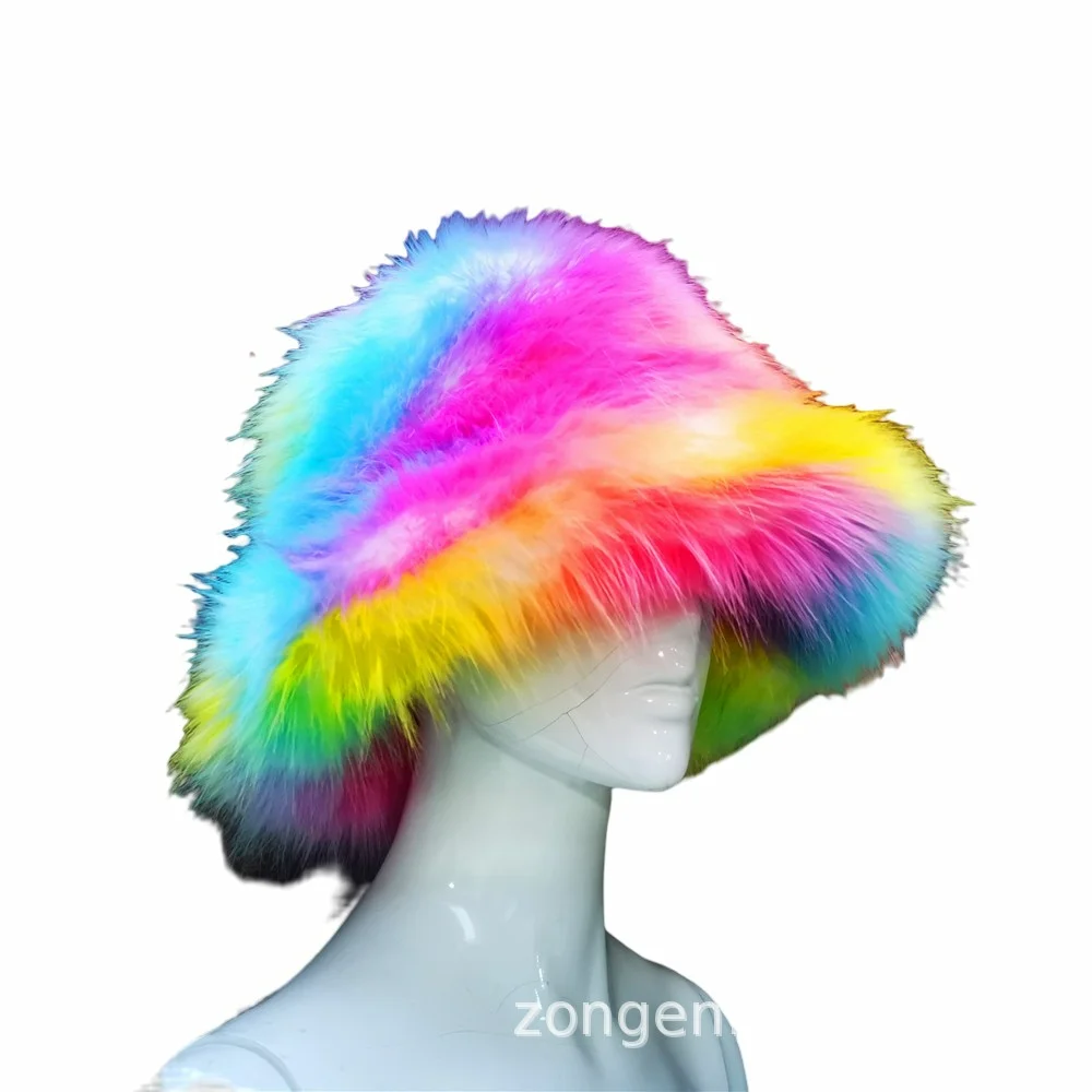 2022 Winter Women Keep Warm Rainbow Hat Faux Fox Fur Basin Female Fashion Casual Party Bucket Hat Music Festival Thickened Hat