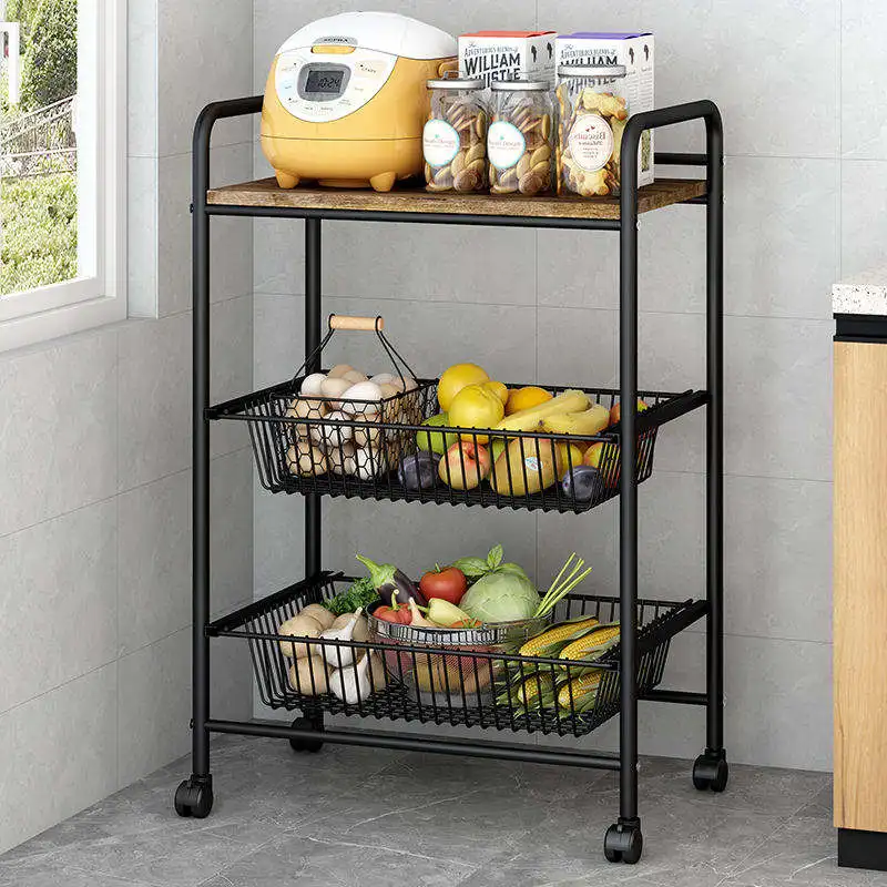 Kitchen 3 Layer Wrought Iron Storage Rack Living Room Storage Trolley Removable Metal Storage Rack With Wheels