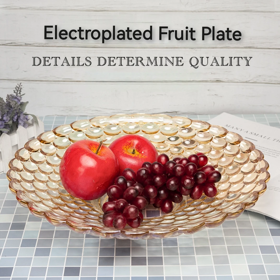 Wholesale 29cm Glass Fruit Tray Beaded Electroplated Golden Amber Luxury Round Wedding Candy Platter Pastry Plate Dim Sum Dish