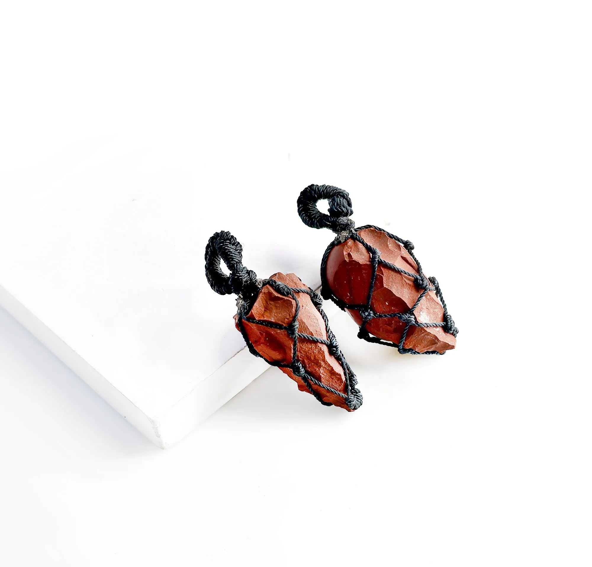 Raw Crystal Gemstone Red Coral Macrame Pendant Necklace