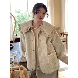 Fashion Winter Vintage Lamb Wool Coats Women Elegant Peter Pan Collar Jackets Women Button Down Pockets Solid Coats Ladies DE01