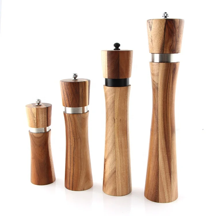 manual acacia wood salt and pepper mill set with ceramic grinder, 2 pieces mini wooden salt and pepper grinder set