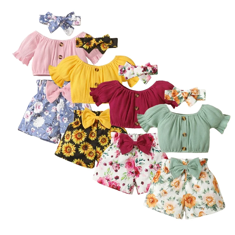 Summer Baby Clothing Sets Puff Sleeve Ruffle Top Print Shorts Infant Outfits Newborn Baby Girls Clothing Set