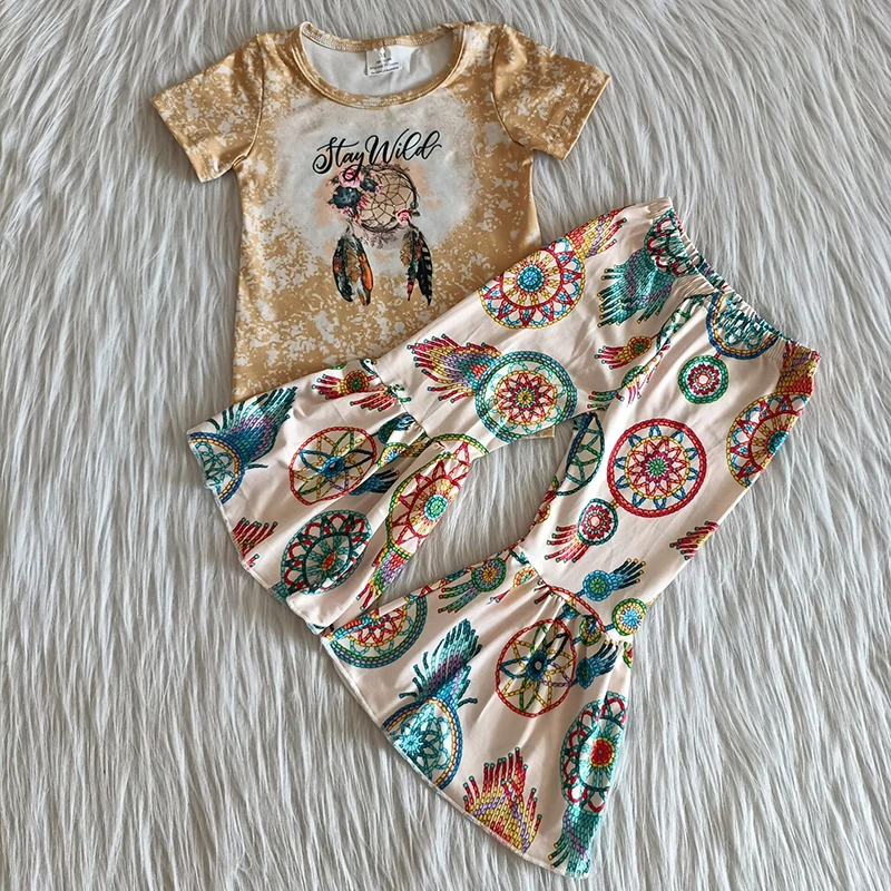 wholesale children baby girls boutique Clothing sets Kids fashionable tie dye shirt bell-bottomed pants outfit infant clothes