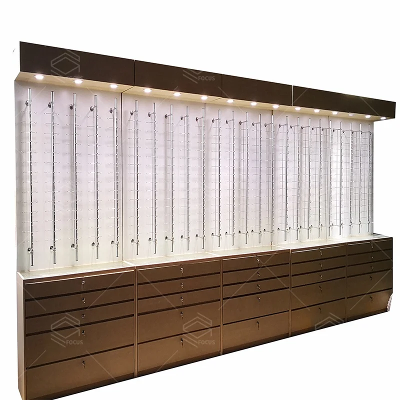 Wooden Eyeglasses store wall mounted display interior design for optical shop fancy optical shop design layout