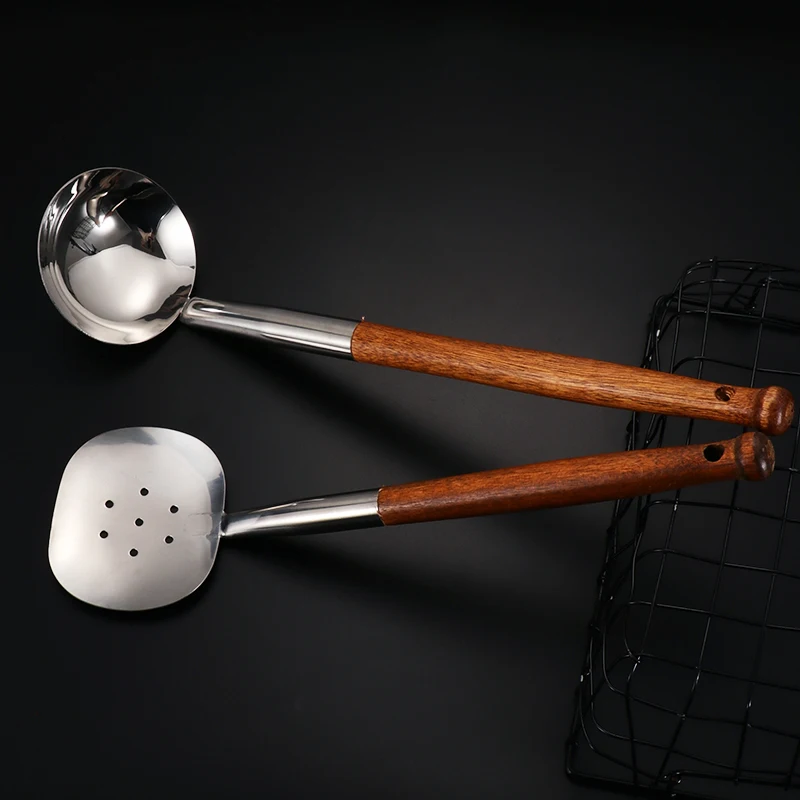 Restaurant Cooking Utensils Sets Stainless Steel Spatula Soup Ladle Spoon with Wooden Handle Big Size for Hotel Kitchen Utensil