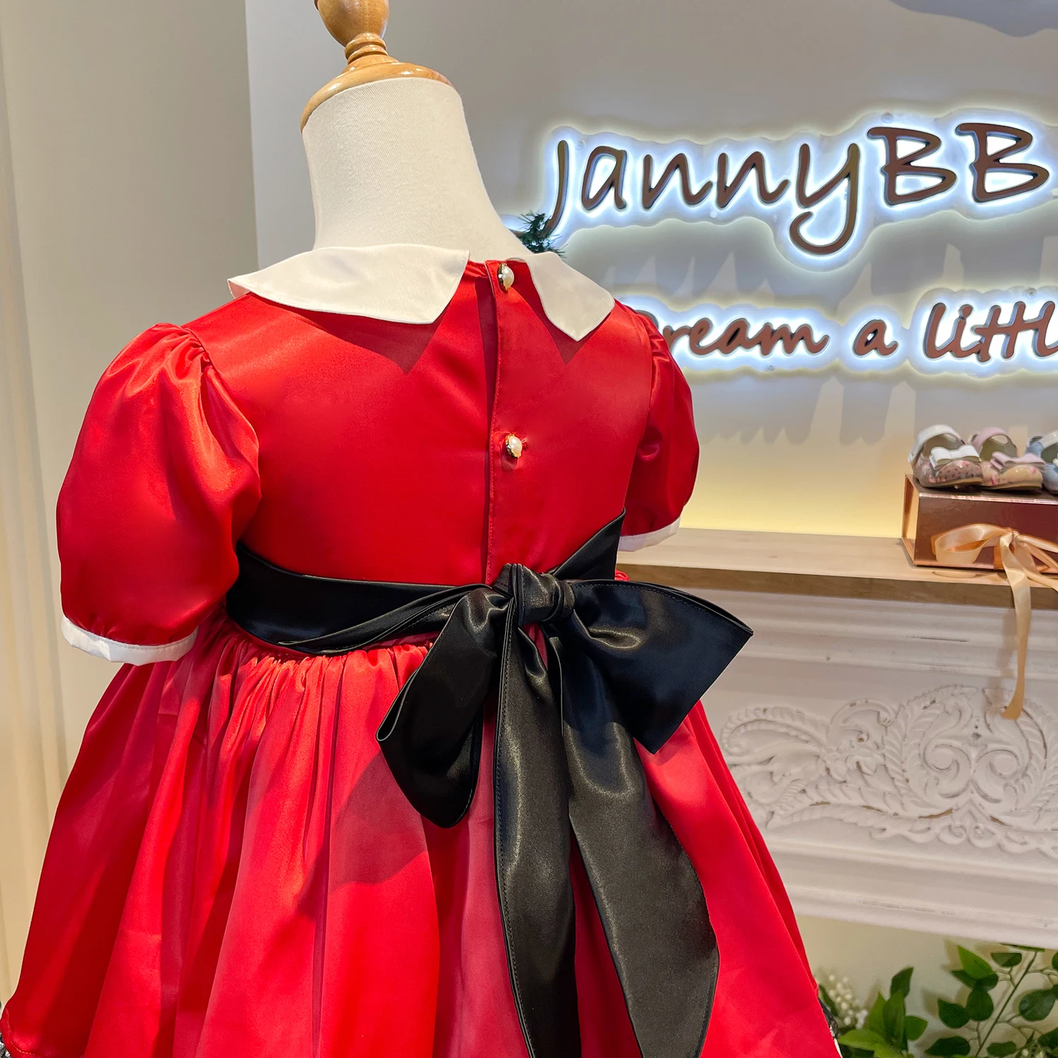 custom red kids polyester dresses party wedding birthday prom 3 Colors Gown 2 to 8 Years Old puff sleeves girls dresses