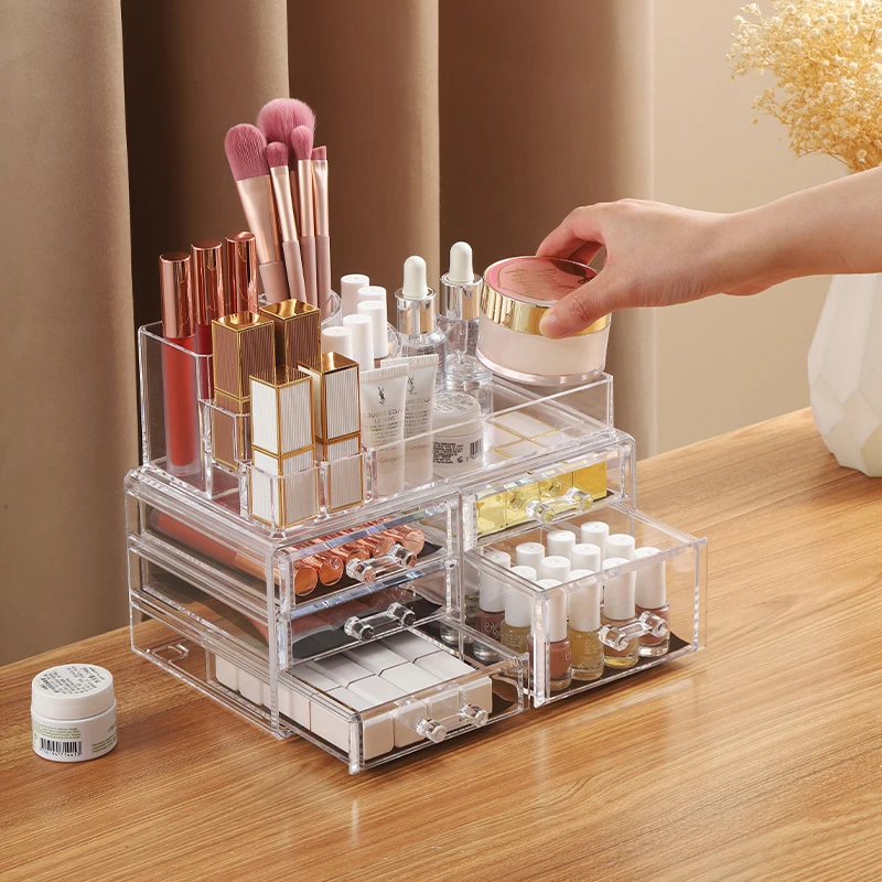 Acrylic makeup organizer box multiple style desktop clear acrylic makeup drawer organizer storage box