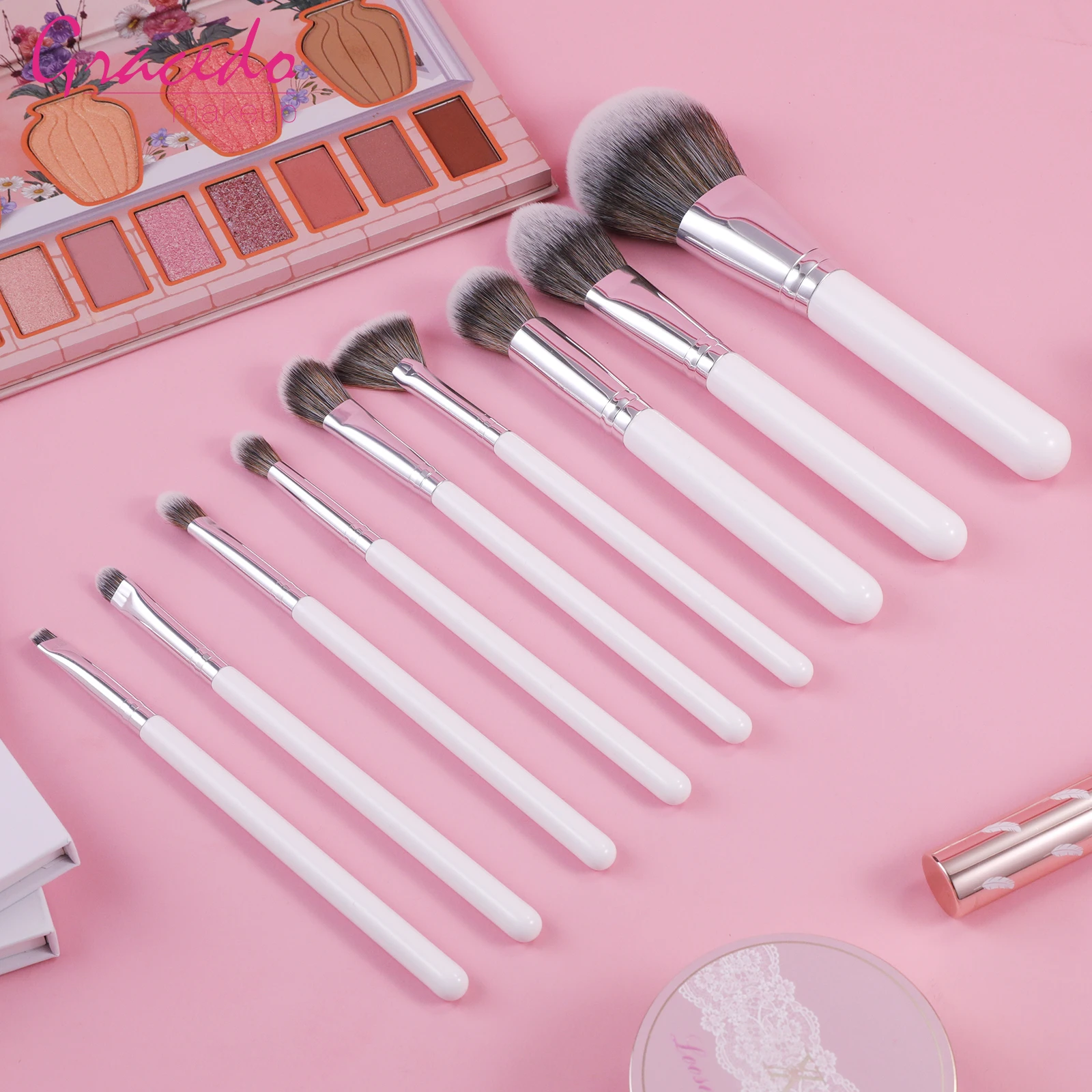 Gracedo white silver makeup brush set 9 pieces wood soft luxury high quality beauty tool premium synthetic makeup brush set