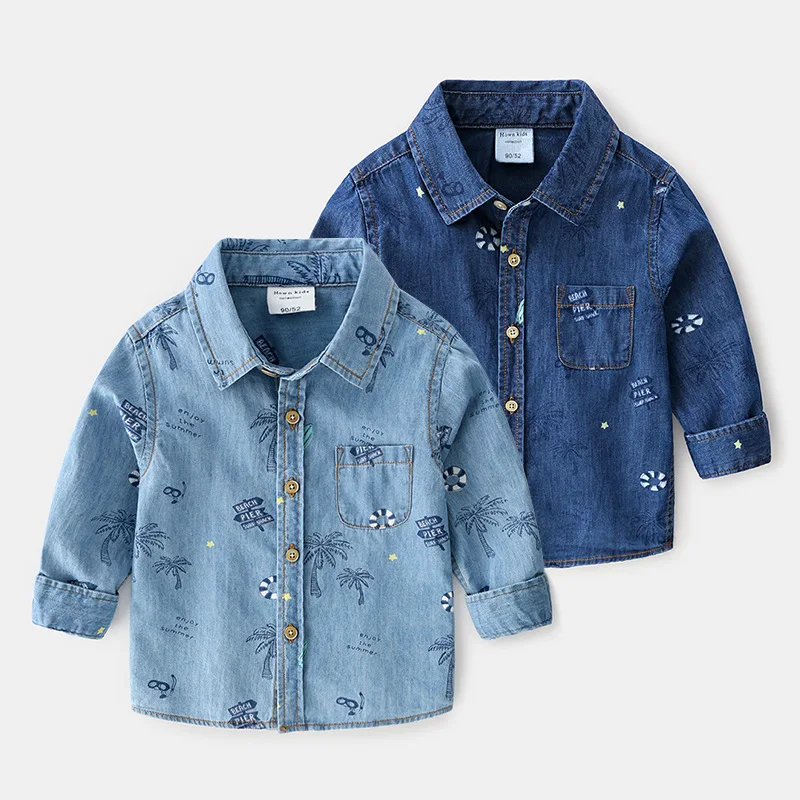 
2019 Autumn New Baby Boy Child Cotton Washed Print Denim Shirt 