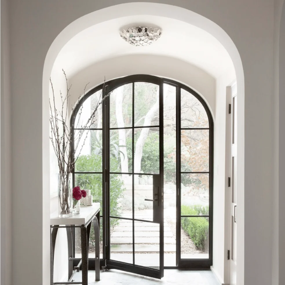 Arched Glass Double Door Metal Frame Tempered Glass Interior French Doors
