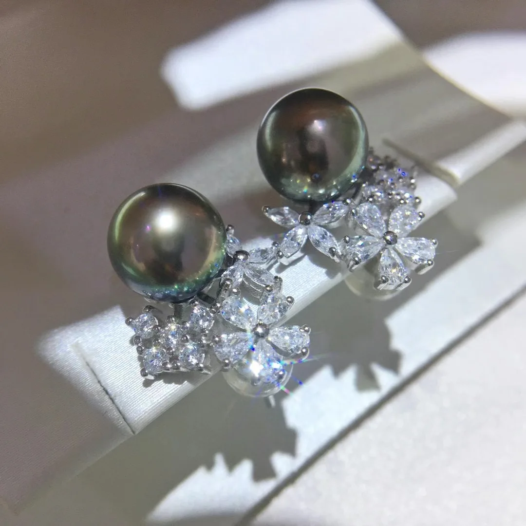 8mm Generous Black Tahiti Pearls Round Shape Freshwater Artificial Zircon Jewelry Pearl Earrings  Elegant