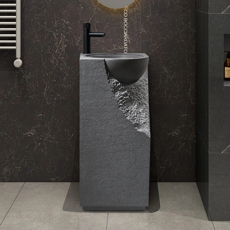 High end free standing artifical stone pedestal wash basin grey color square shape bathroom sink for hotel home