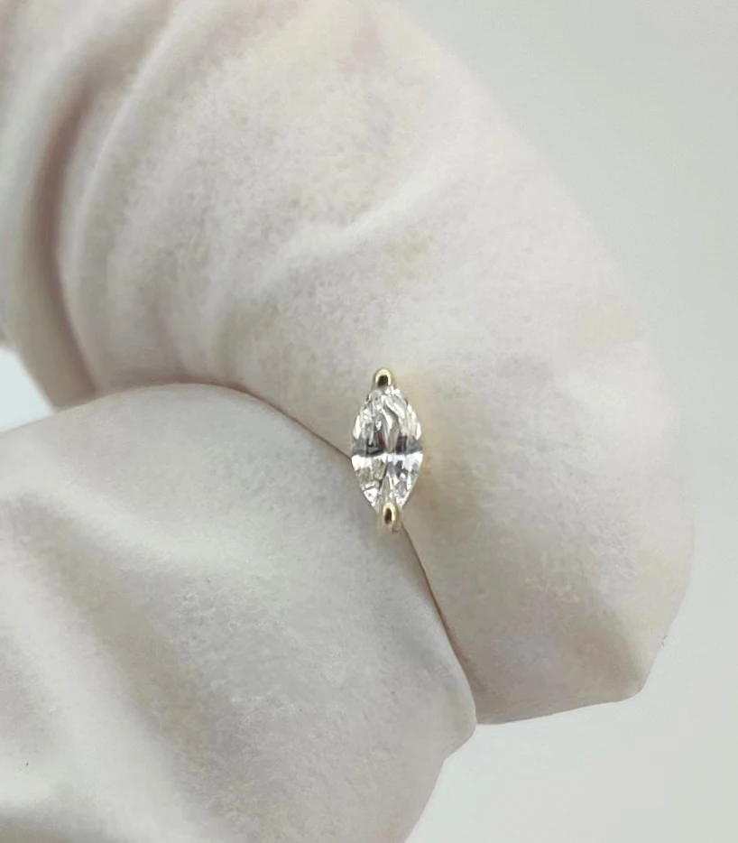 Calendo Lab Diamond 14k Solid   Gold Marquise  Threadless  End With Stainless Steel Pin Earlobe End Piercing Earring Top