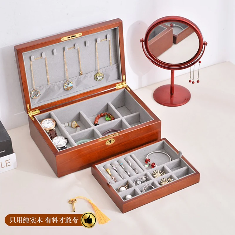 Pine solid wood jewelry storage boxes Flannelette jewelry ring earrings hand jewelry case Three gold Large capacity wooden box