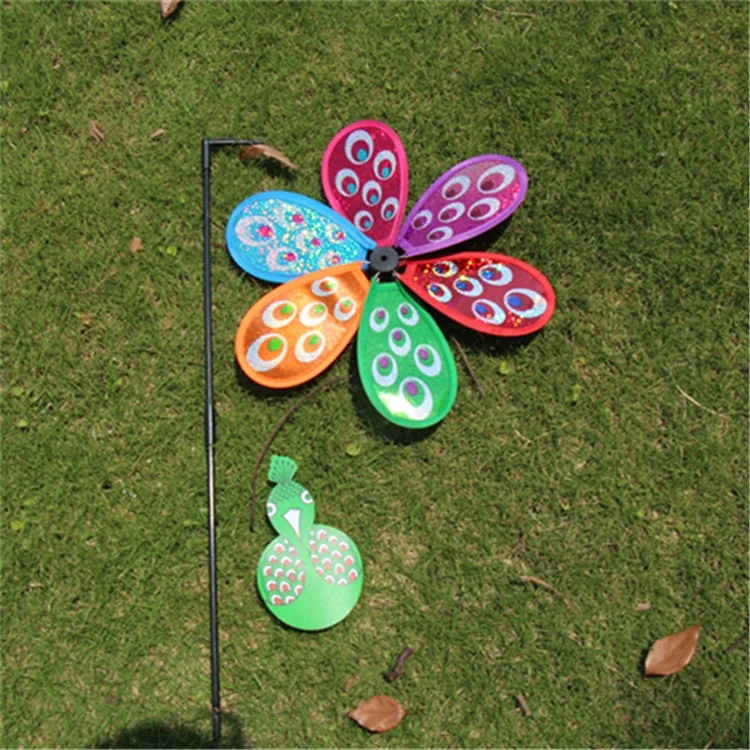 Small Flash Print Peacock Toy Windmill Model Children Handheld Windmill Toy PP Plastic + Fiberglass Decorative Garden Windmill