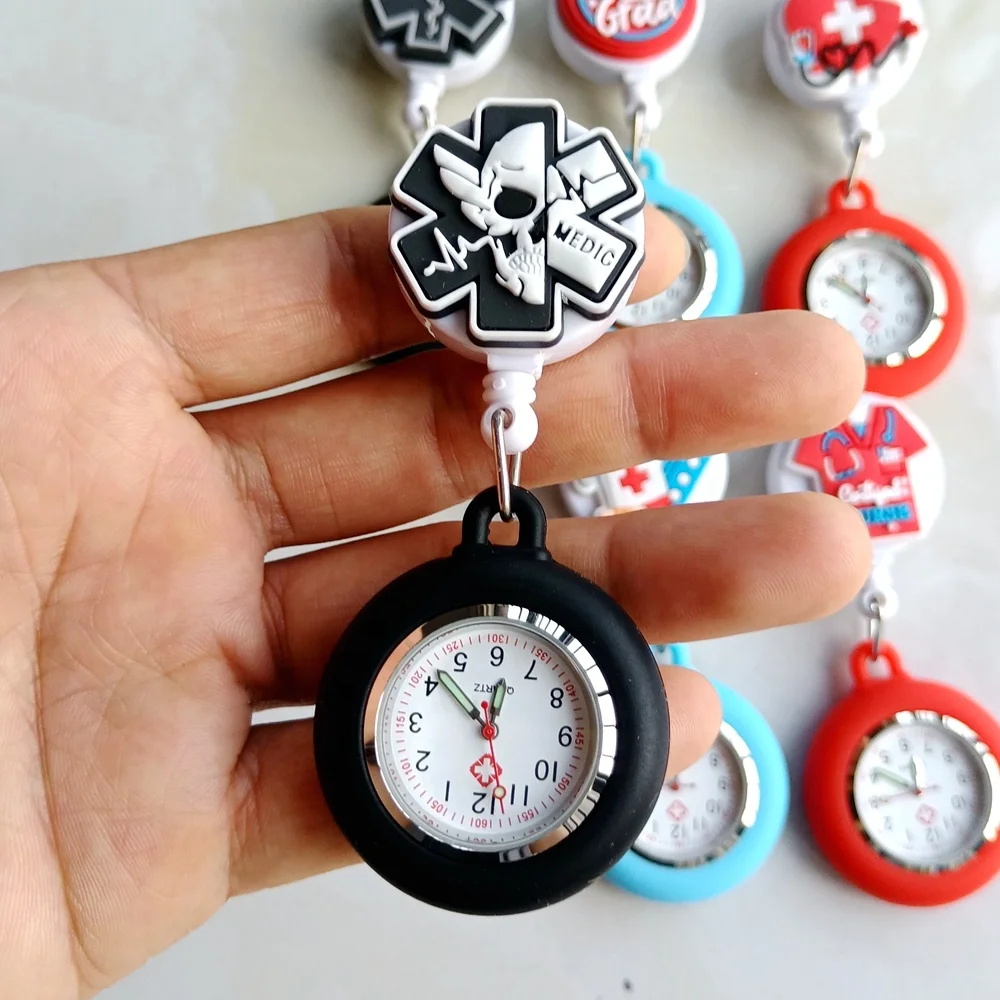 Fashion Cartoon Medical Icons Colourful Nurse Doctor Retractable Badge Reel Clip Hang Pocket Watches Hospital Health Care Clock