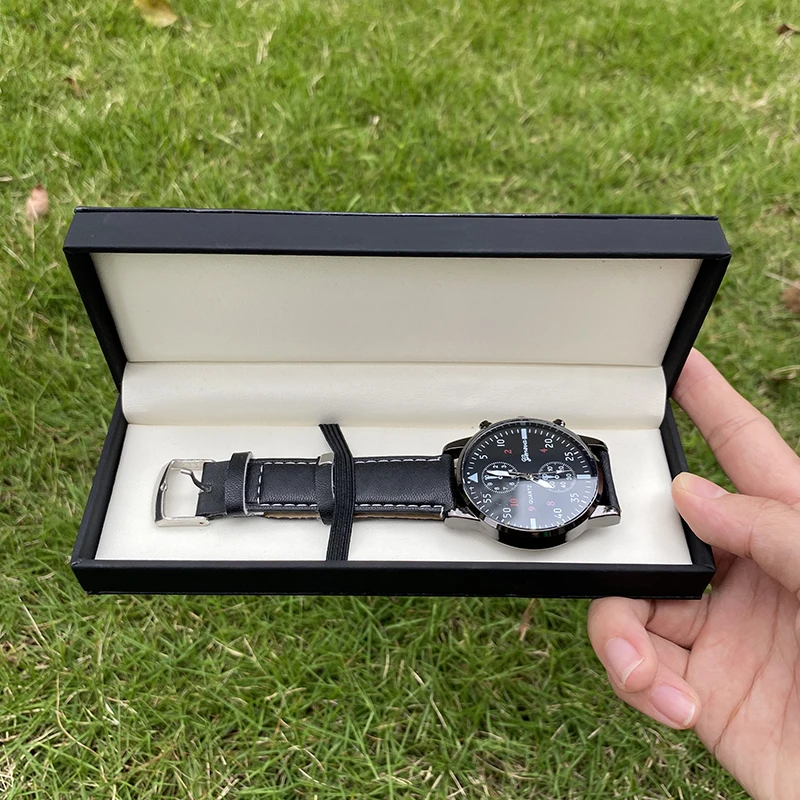 Lid and base black stiff paper box for watchband watch strap paper packaging with stamped gold logo