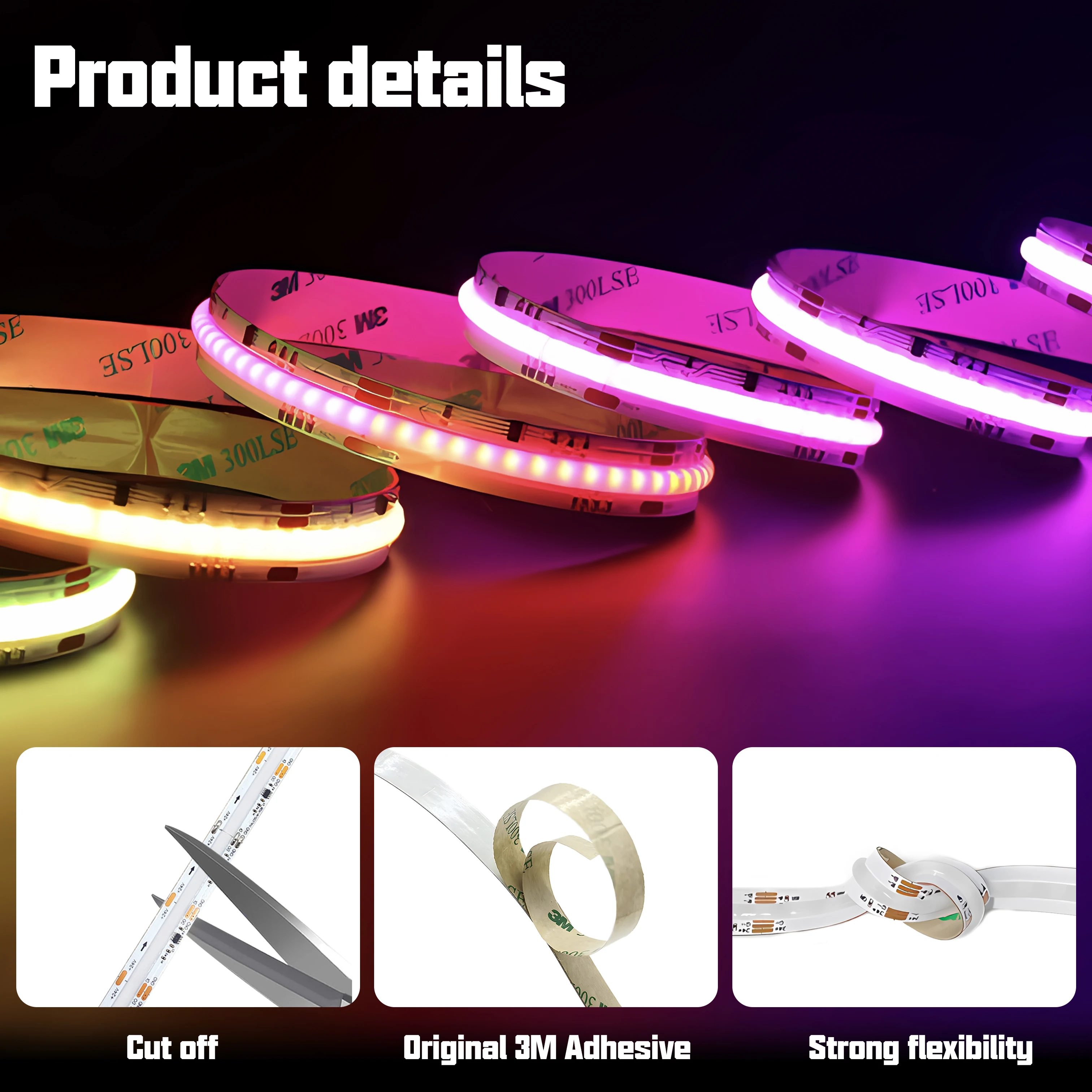 High Quality IP20 Rgbw Rgb Cob Led Strip Light 12V 24V Pixel Flexible Emitting Addressable Cob Rgbic Led Strip