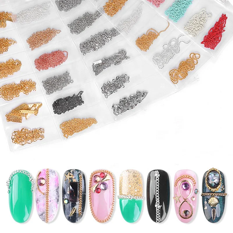 Nail art stickers wholesale Punk style steel ball nail chain diy glitter wire hot fix colorful fringed nails decoration