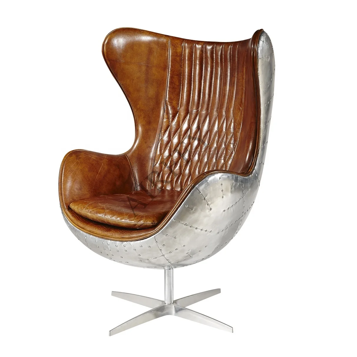 OEM/ODM Retro Leather Egg Cadeira Aluminum Vintage Genuine Leather Aviator Egg Chair Aviator Chair Aviator Design Leather Chair