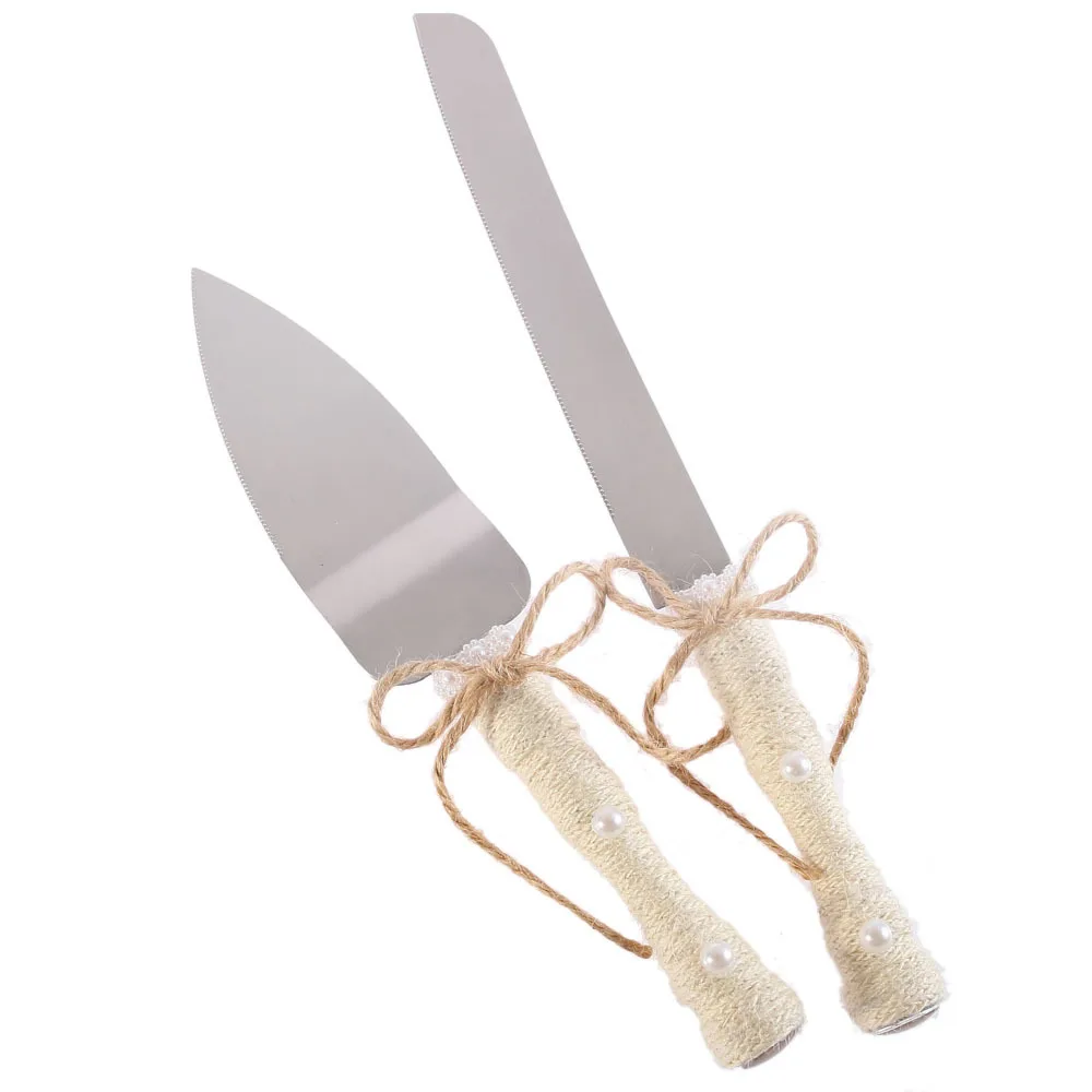Столовые приборы из натуральной мешковины в форме сердца, деревенский Набор ножей для свадебного торта и серверов