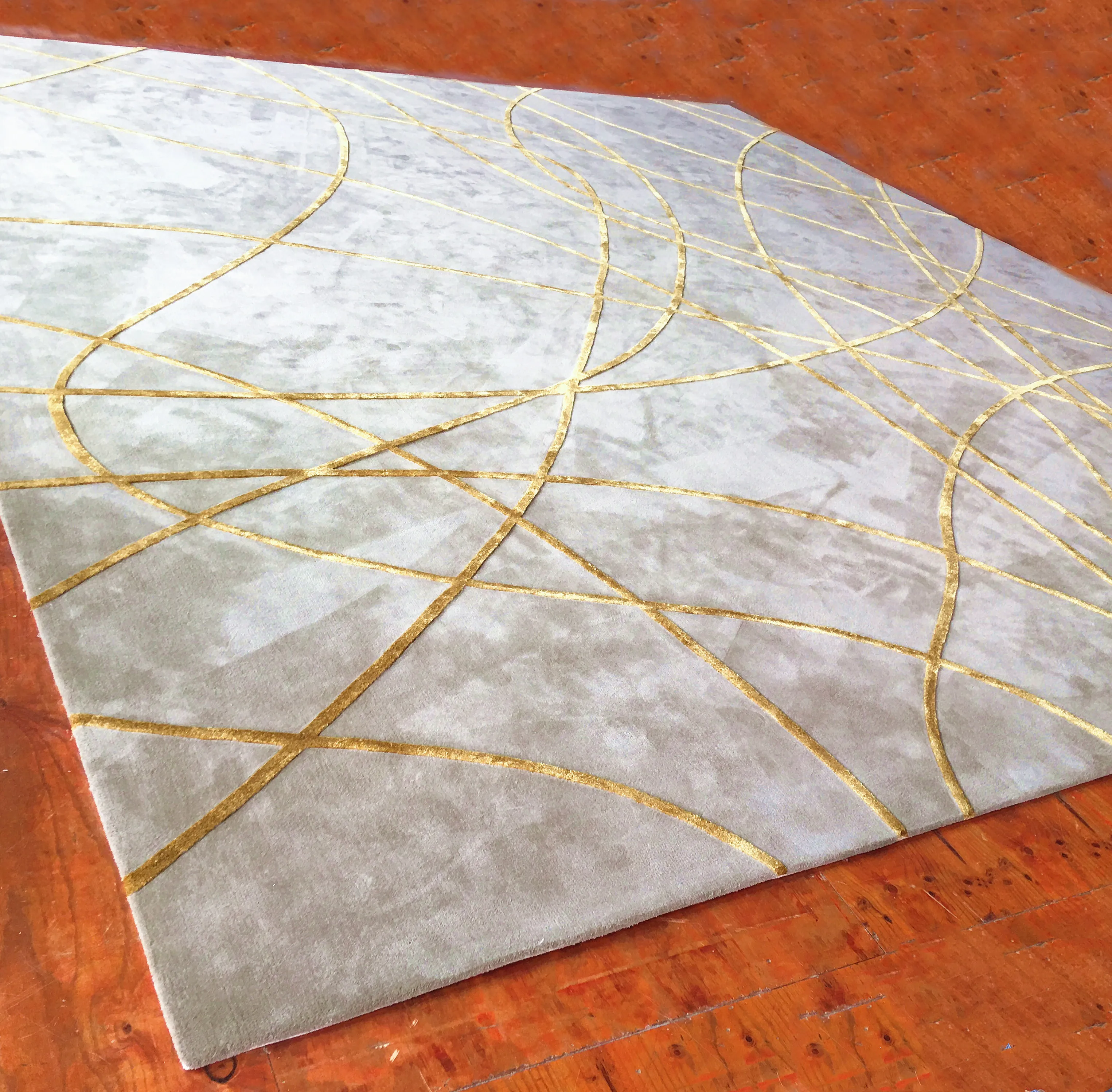 wool carpet High end luxury gold lines hand tufted wool bamboo silk rug living room area rug