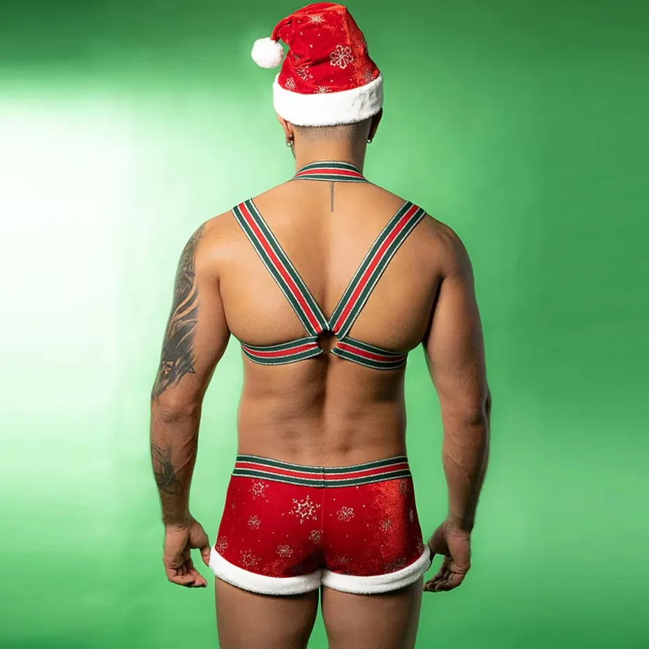 HODEANG Sexy Red Harness Pants Bodysuit Set Men Christmas Cosplay Lingerie