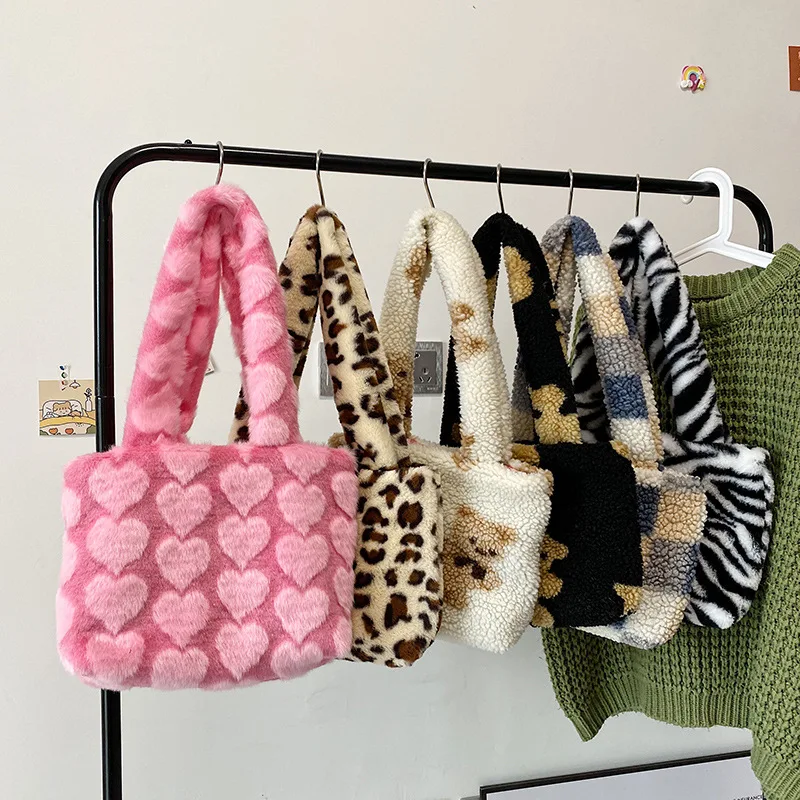 2023 Fall Woollen Bags Lovely Plush Single Shoulder Bag Women Fashion Handbags Girls Wallet Tote Bag
