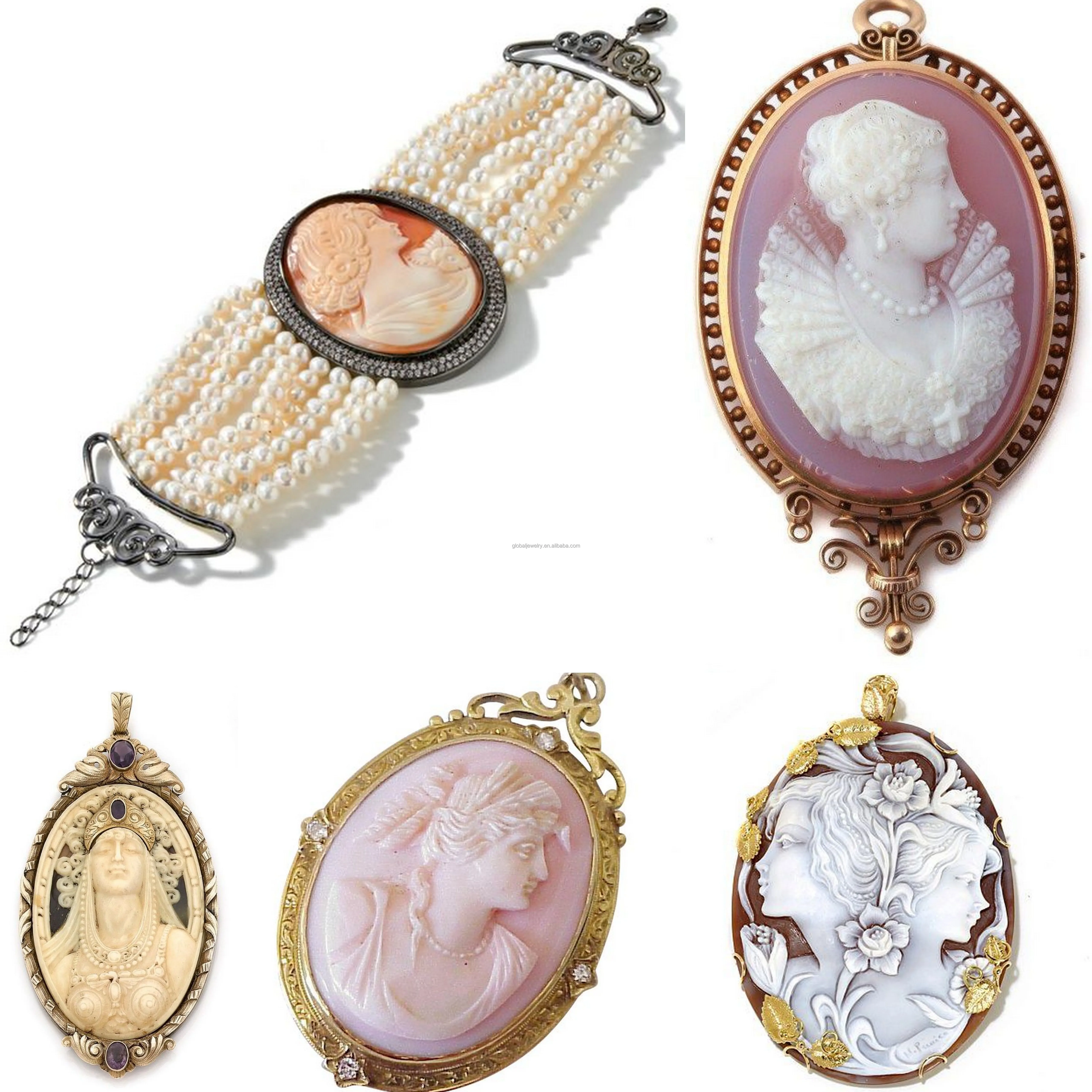 Factory Direct High Quality Customized Oval Shape Portrait Rhinestone Vintage Shell Cameo Pendant Brooch