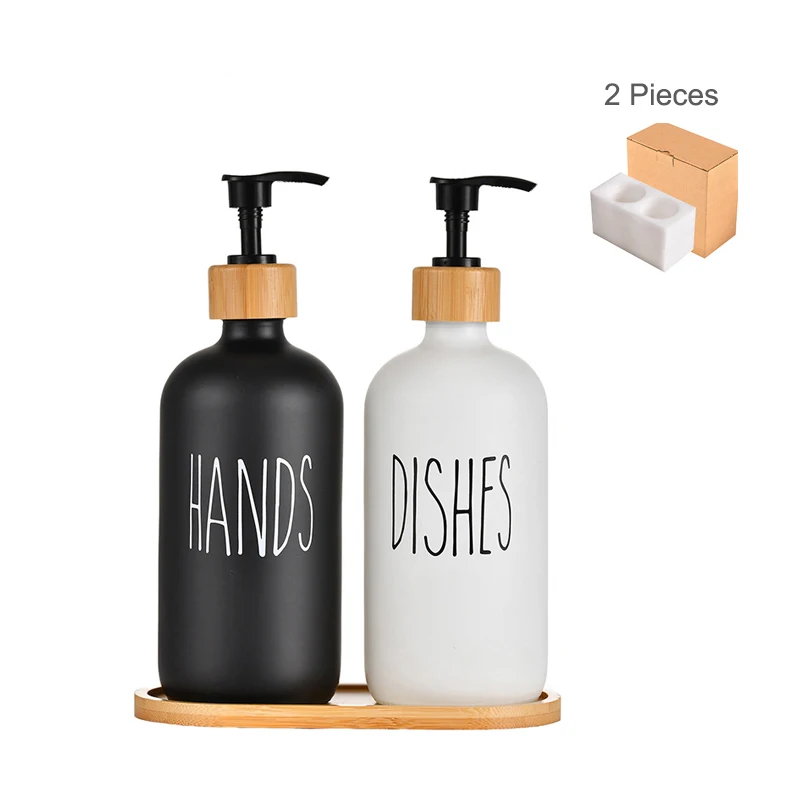 Glass Soap Dispenser Set, Dish Soap Dispenser for Kitchen Sink, Hand Soap Dispenser for Bathroom with Bamboo Pump and Soap Dish