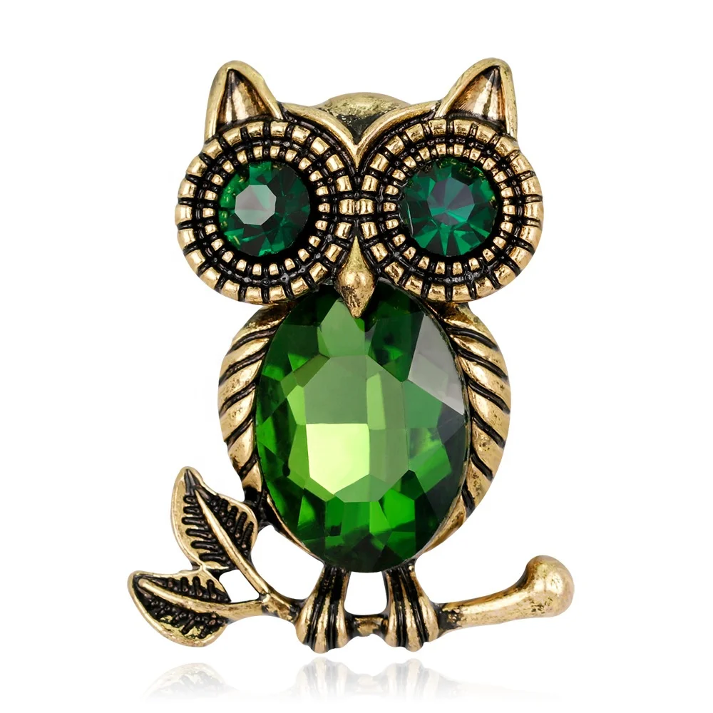 Cute Owl Antique Gold Tone Crystal Bird Animal Brooch Pins Scarves Shawl Clip Accessories For Women Girls