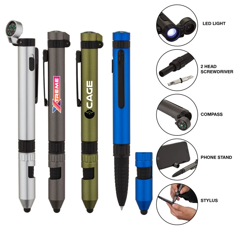 
T2509 6 in 1 Multi-functional Plastic pens with LED light screwdriver compass phone stand and stylus for promotion 