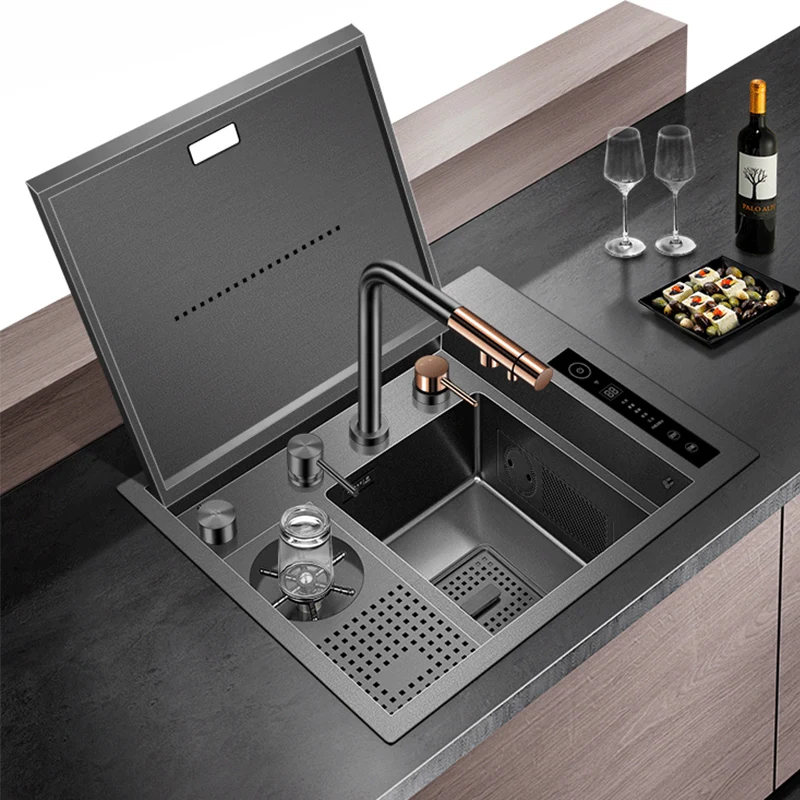 Nano Black SUS 304 Stainless Steel Smart Purifying Kitchen Sink Hidden Cup Rinser Handmade Sink Ultrasonic Sinks