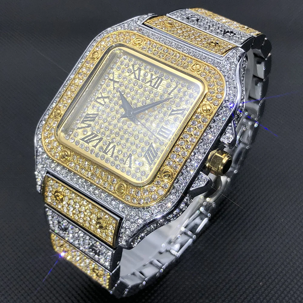 MISSFOX V324 Ice Out Square Watch For Men Top Brand Luxury Full Diamond Mens Watches Ultra Thin Waterproof Hip Hop Clock