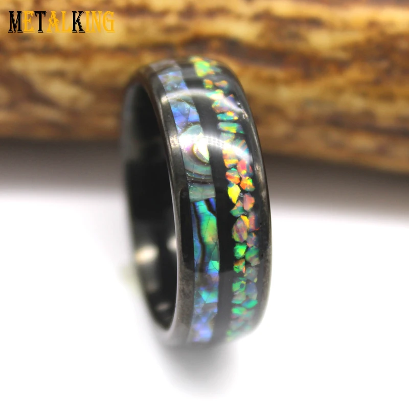 Свадебный браслет из карбида вольфрама 8 мм с опалом и морской раковиной, инкрустация черным и купольным покрытием