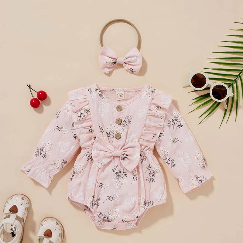 New 100% Cotton ruffle rompers Clothes Lotus Leaf Spring Clothing Girl Baby Romper Hair Band Set