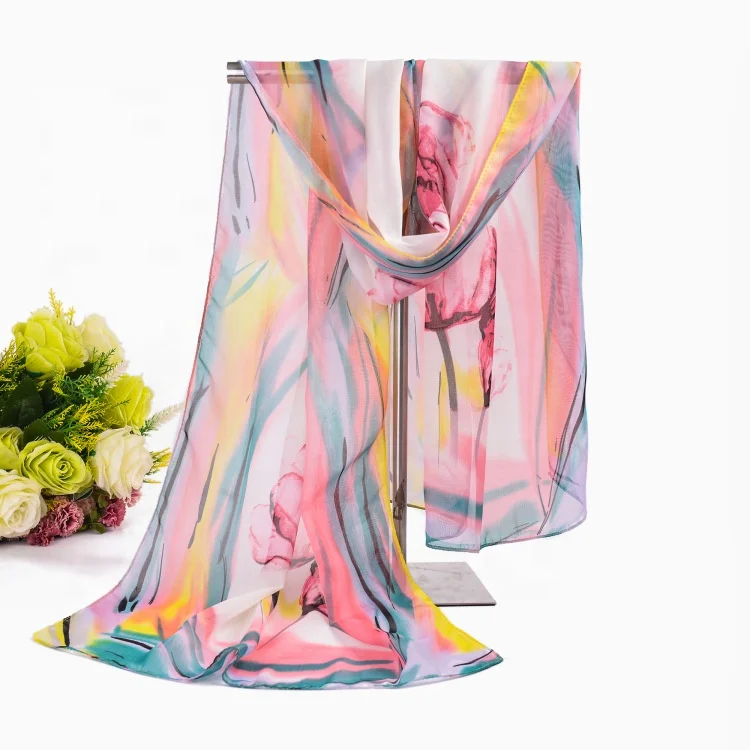 Kejia Hot Sale Print Flower Silk Chiffon Scarves Women Wrap Sunscreen Beach Cover Up Long Hijab Bandana Polyester Cape Female