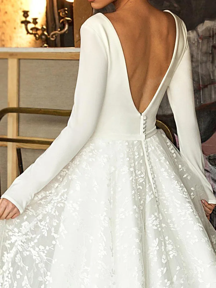 Luxury long sleeves elegant farewell evening dress white backless lace wedding dresses