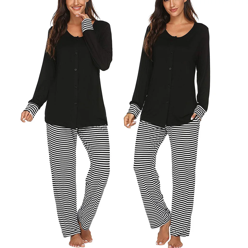  2021 Latest Fashion Loose Comfortable Stripe Pregnant Women Pajamas Maternity Home Wear Two Piece Clothing