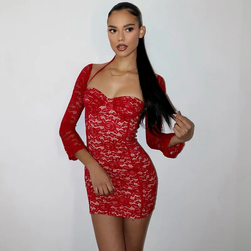 YY4300 sexy halter neck off the shoulder long sleeve red lace women tight dresses 2024 ladies casual dresses