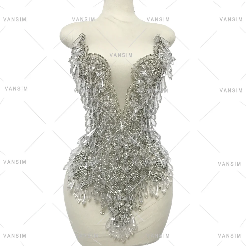 new big crystal diamond stone rhinestone body dress applique for wedding dress, bridal party dancing dress