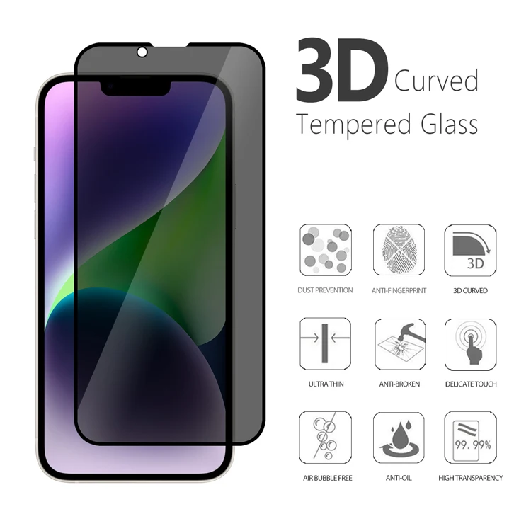 0.33 Anti spy automatic adsorption bubble free 3D 9H Tempered Glass privacy screen protector film for iPhone 14 plus 14 pro max