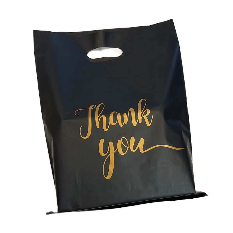 Hot Sale Custom Logo Design Plastic Pe Printed Black Die Cut Handle Plastic Bag For Shoes Clothing
