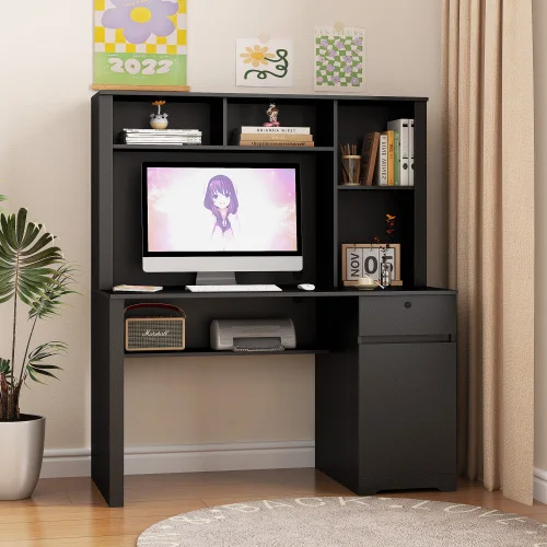 Hot-selling Computer Bookshelf Desk, Wooden Executive Desk with Drawers, 3 Power Sockets and 2 USB Charging Ports.