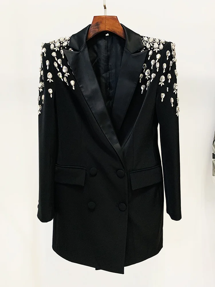 A8300 Luxury Styles Black White Women Blazer Dress Beaded Plus Size Ladies Jackets And Coats